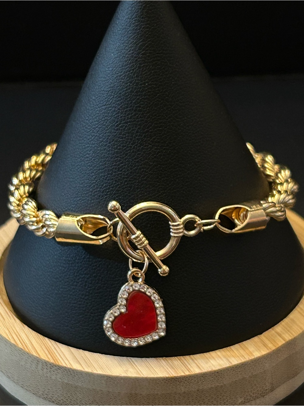 Ella 4mm Gold Rope Bracelet w/Red Heart Charm and Toggle Clasp 8β Inches